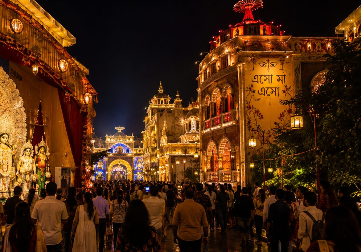Illuminated Durga Puja pandal architecture in Kolkata